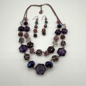 Vintage Liz Claiborne Elegant Sparkly Purple Beaded Necklace and Earring Set